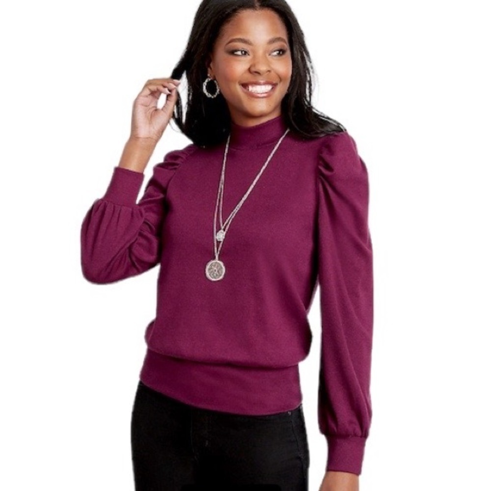 Chance‎ & Destiny Wine Mock Neck Puff Sleeve Pullover Sweatshirt, size XL